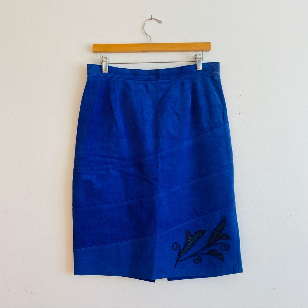 Vintage 80s Blue Leather Skirt Suede High Waist Cobalt Snakeskin Leaf Flower